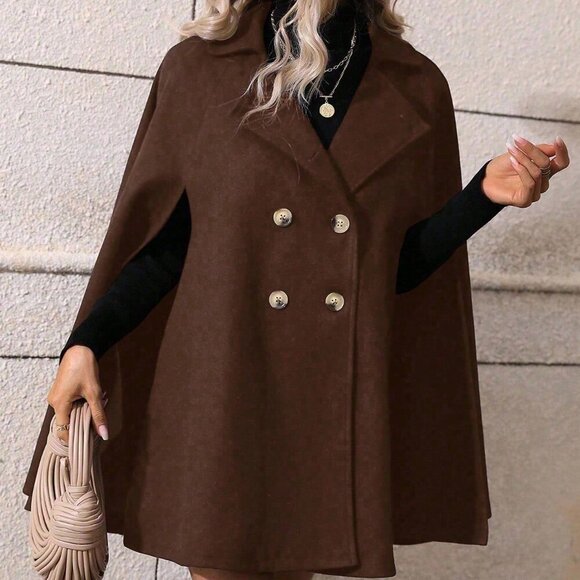 Coffee Brown Elegant Women's Minimalist Poncho Overcoat - Picture 5 of 7